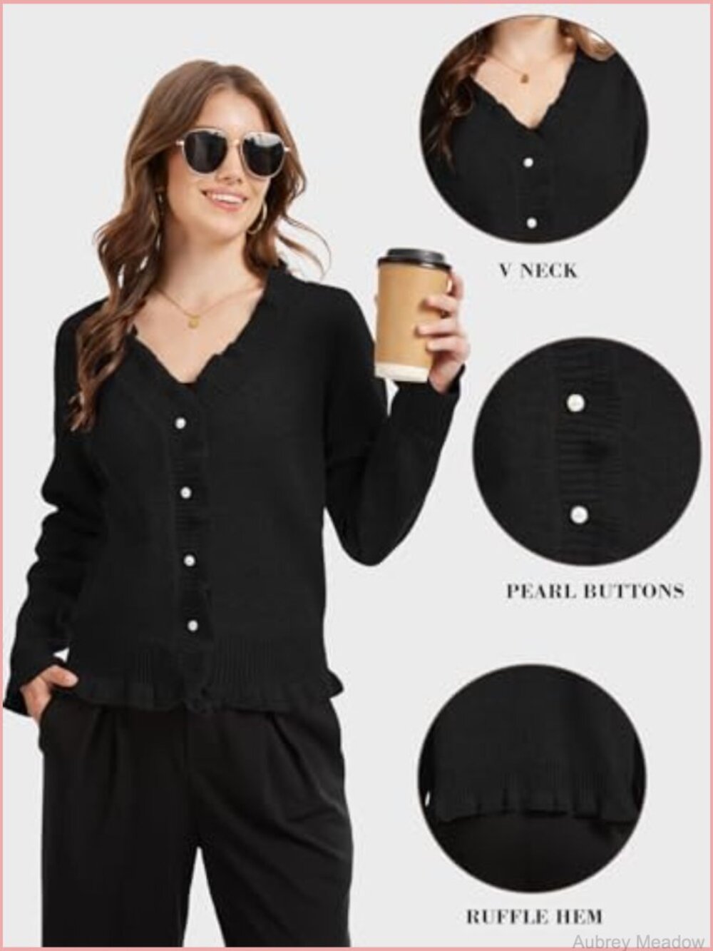 V Neck Button Up Cropped Cardigan Sweater Long Sleeve Ruffle Hem Knit Top - Picture 4 of 6